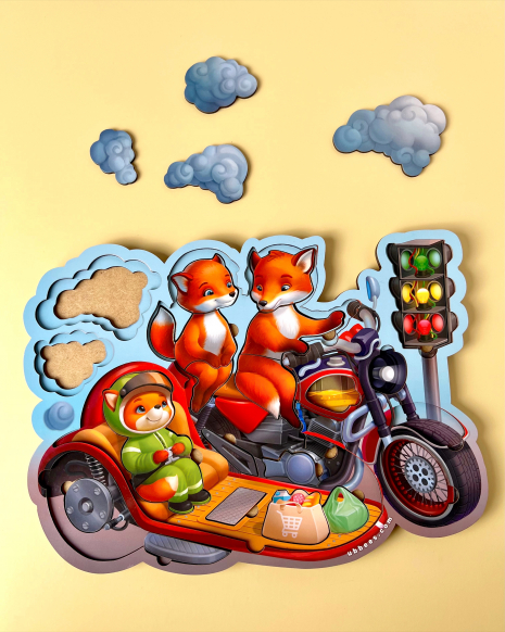 Багатошаровий пазл -  вкладка Лисенята на мотоциклі Ань-Янь  ПСД211