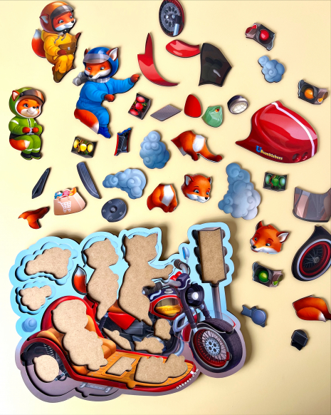 Багатошаровий пазл -  вкладка Лисенята на мотоциклі Ань-Янь  ПСД211