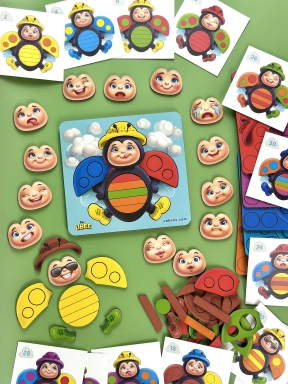 Дерев'яна гра з картками - завданнями: мозаїка, пазл з паличок, вивчення емоцій та кольорів Жук сонечко ПСД280 Ubee