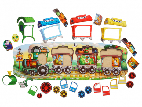 Деревянная многослойная рамка-вкладыш сортер, пазлы Веселый паровозик - 3 вагона Ubee ПСФ019