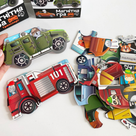 Магнитная игра "Транспорт" QB600-002, 48 магнитов, 2 основа-машинки р. 18*5*22,5 см qbee