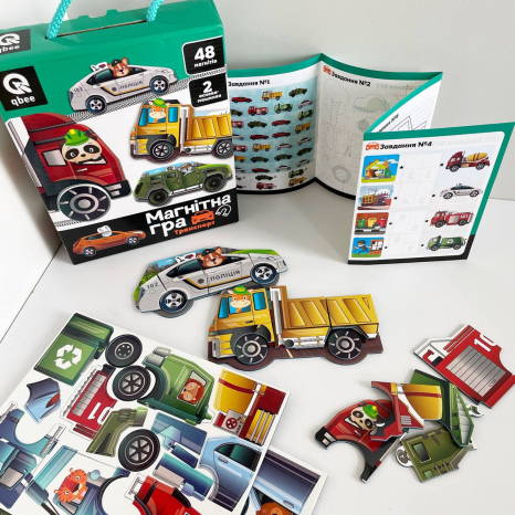 Магнитная игра "Транспорт" QB600-002, 48 магнитов, 2 основа-машинки р. 18*5*22,5 см qbee