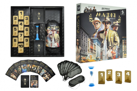Настольная игра для компании Мафия Делюкс с песочными часами, повязками для глаз, номерками qbee
