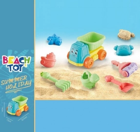 Набір для пісочниці: самоскид, лійка, граблі, лопатка, фігурний валик, формочки