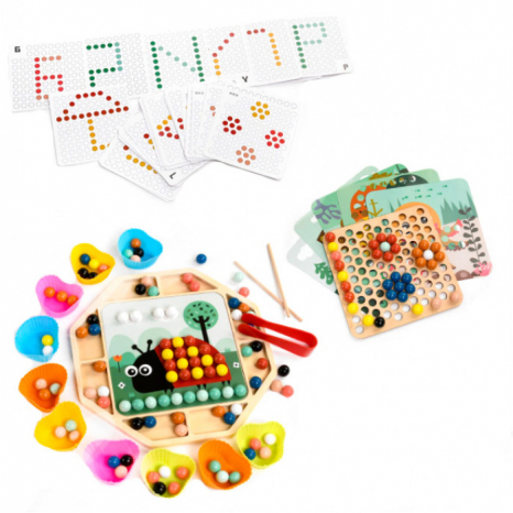 Дерев'яна гра - сортер Мозаїка з кульками, трафаретами та пінцетом С 49365