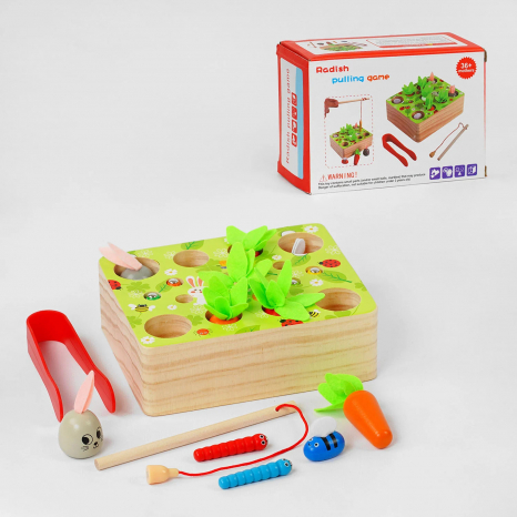 Дерев'яна гра 2 в 1: Сортер із пінцетом морквинки та магнітна риболовля із вудкою та гусеничками