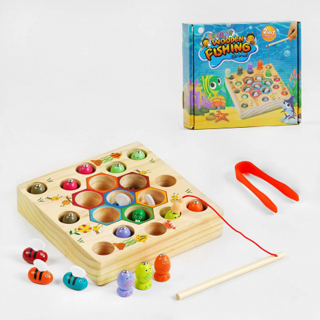 Дитяча гра 2 в 1: магнітна риболовля із вудочками і  сортер бджілки із пінцетом
