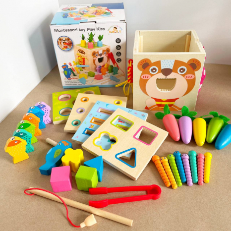 Дерев'яна іграшка багатофункцінальний куб Монтессорі 8 в 1