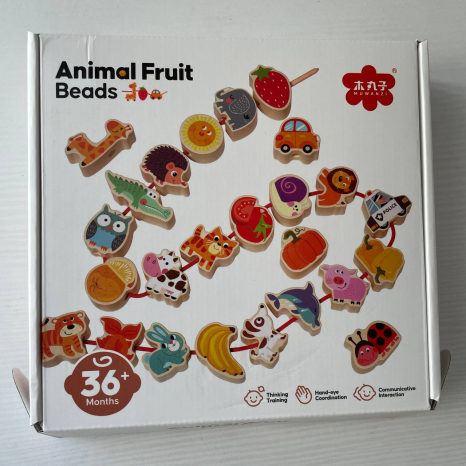 УЦЕНКА!!! Дерев'яна шнурівка - намисто 42 фігурки та 4 шнурки з дерев'яною голочкою (тварини, фрукти, транспорт, цифри, букви) С 74473