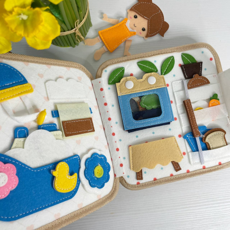 М'яка книжка-бізіборд 10 сторінок, фетрова лялечка, липучки, застібки, гардероб із одягом, ванна кімната,кухня, С 75319