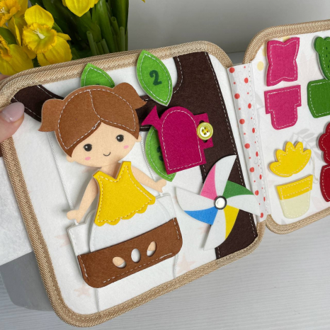 М'яка книжка-бізіборд 10 сторінок, фетрова лялечка, липучки, застібки, гардероб із одягом, ванна кімната,кухня, С 75319