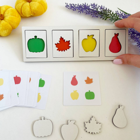 Дерев'яна рамка-сортер з картками-завданнями Яблуко-груша-гарбуз-листочок SP