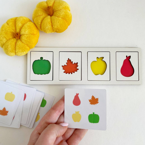 Дерев'яна рамка-сортер з картками-завданнями Яблуко-груша-гарбуз-листочок SP
