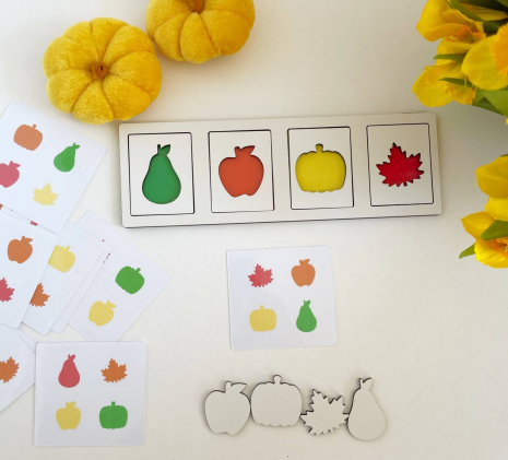 Дерев'яна рамка-сортер з картками-завданнями Яблуко-груша-гарбуз-листочок SP