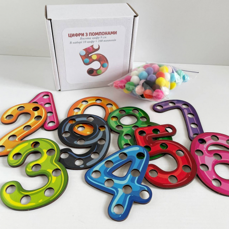 Деревянный сортер Цифры с помпонами ассорти SP