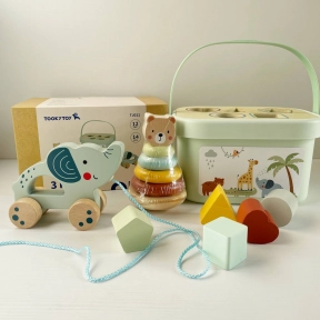 Набор деревянных развивающих игрушек для малышей 3 в 1 : каталочка, пирамидка-неваляшка, сортер