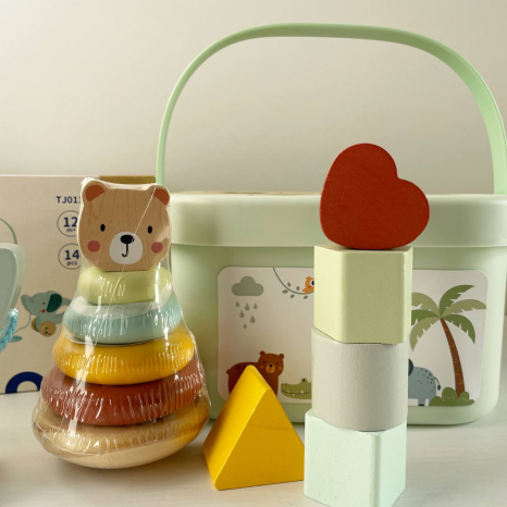 Набір дерев'яних розвиваючих іграшок 3 в 1 для найменших: каталка, пірамідка-неваляшка, сортер в коробці-сортері з ручкою TJ011