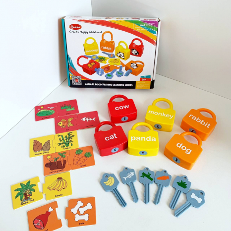 Розвиваюча іграшка Монтессорі - Замочки з ключами та картками Хто що їсть