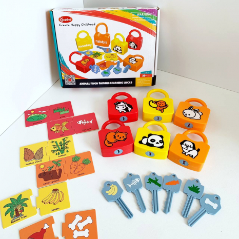 Розвиваюча іграшка Монтессорі - Замочки з ключами та картками Хто що їсть