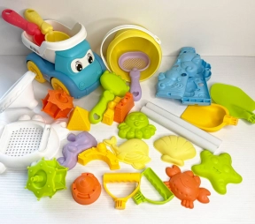Пісочний набір W 218-46  розмір самоскида - 17х11.5х13 см, висота відра - 10 см, млин, граблі, сито, 4 лопатки, 11 формочок, в сітці