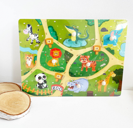 Дерев'яна іграшка рамка-вкладиш з ручками та підложкою контуром WD13002 Зоопарк