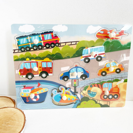 Дерев'яна іграшка рамка-вкладиш з ручками та підложкою контуром Транспорт WD13002