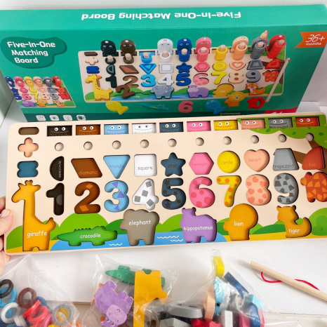 Дерев'яна іграшка арт. WD13025 (30шт) навчальна панель 5в1 в коробці 45,5*18 см