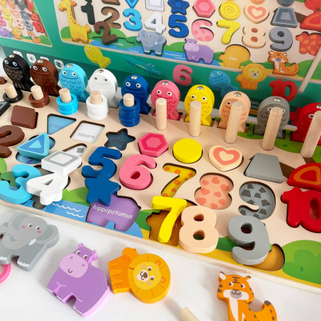 Дерев'яна іграшка арт. WD13025 (30шт) навчальна панель 5в1 в коробці 45,5*18 см