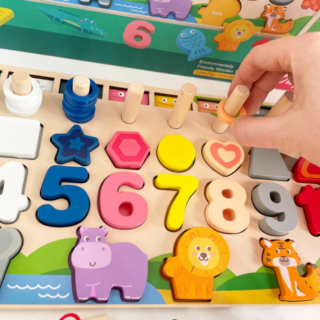 Дерев'яна іграшка арт. WD13025 (30шт) навчальна панель 5в1 в коробці 45,5*18 см