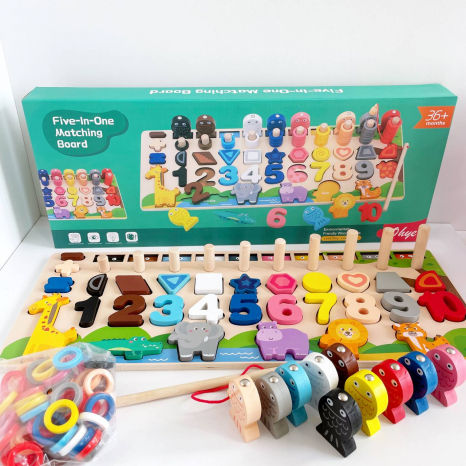Дерев'яна іграшка арт. WD13025 (30шт) навчальна панель 5в1 в коробці 45,5*18 см