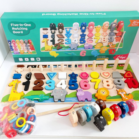 Дерев'яна іграшка арт. WD13025 (30шт) навчальна панель 5в1 в коробці 45,5*18 см