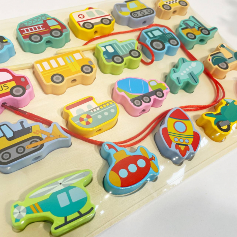 Дерев'яна іграшка рамка - вкладка та шнурівка Транспорт