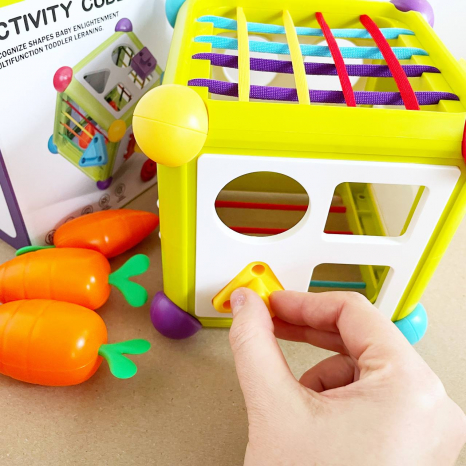 Багатофункціональна гра куб 6 в 1, сортер, грані з резинками, фігури, морквинками, XQS2070A