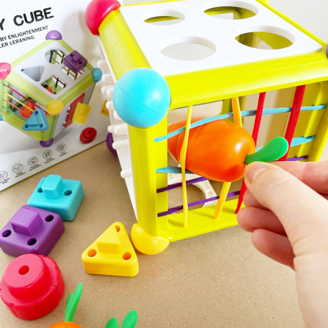 Багатофункціональна гра куб 6 в 1, сортер, грані з резинками, фігури, морквинками, XQS2070A