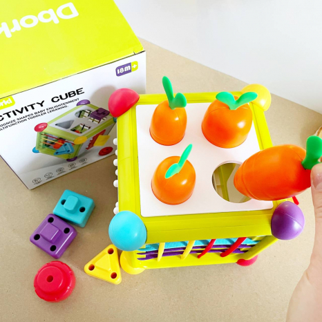 Багатофункціональна гра куб 6 в 1, сортер, грані з резинками, фігури, морквинками, XQS2070A