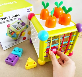 Многофункциональная игра куб 6 в 1, сортер, грани с резинками, фигуры, морковками XQS2070A