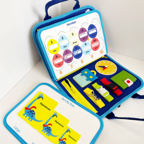 Логічна фетрова папка Діно липучки, застібки, пальчикові ігри, англійська абетка, пазл на липучках, кольори, годинник XX45285-3  тактильні, розвиваючі вправи