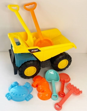 Песочный набор 8 элементов, 2 лопатки, 2 формы, самосвал, грабли, сито, в сетке YF 3643