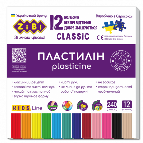 Пластилін CLASSIC 12 кольорів, 240г, KIDS Line